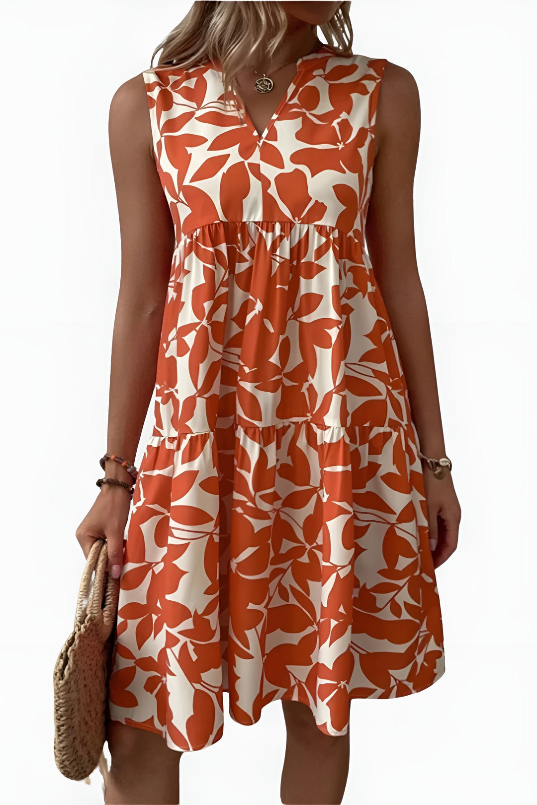 Talisa | Women's Wedding Guest Elegant Chic Sleeveless Floral Midi Dress Dresses — Orange