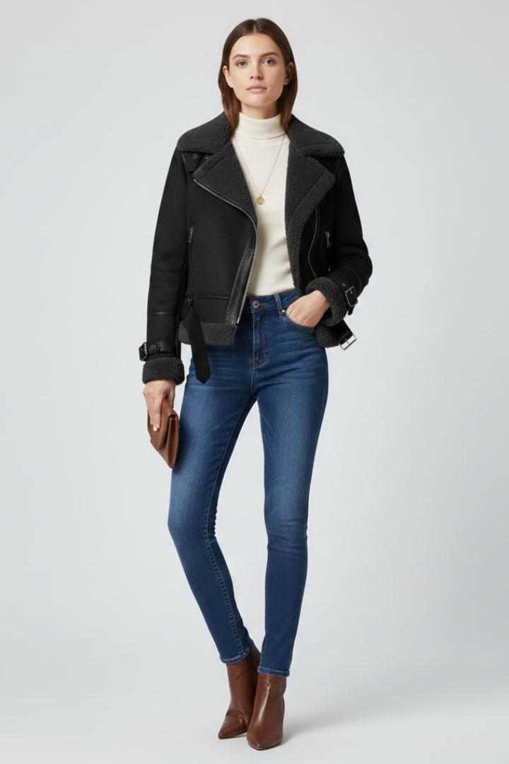 Tessanova | Women's Jacket with Zip Closure and Textured Outer Surface — Black