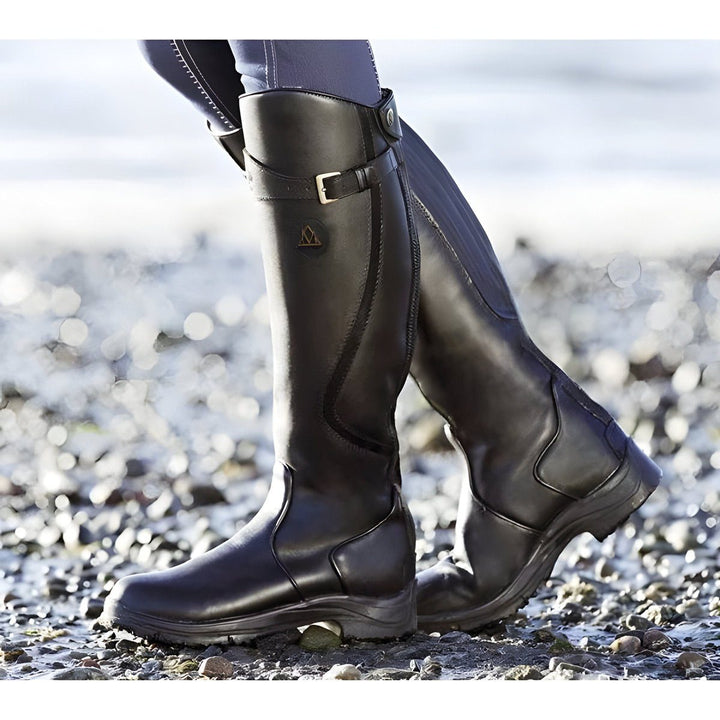 Tessawen | Women's Leather Knee High Riding Boots with Buckle Strap for — Black
