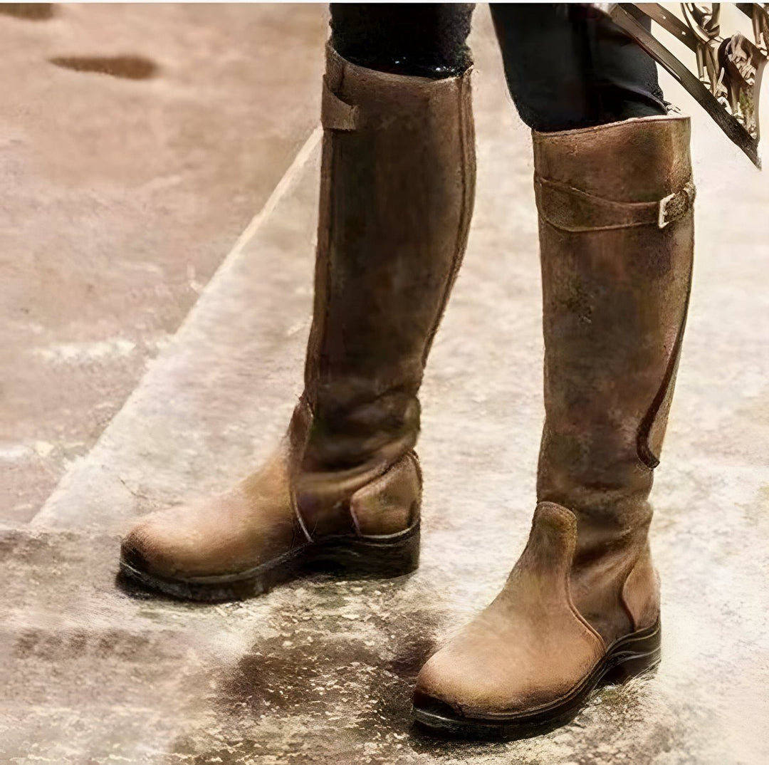 Tessawen | Women's Leather Knee High Riding Boots with Buckle Strap for — Brown