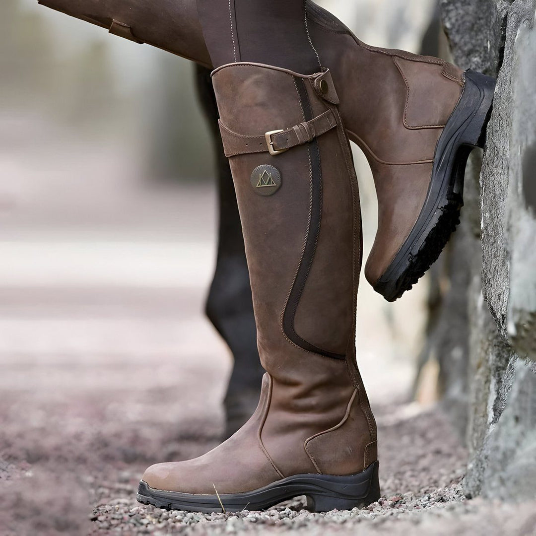 Tessawen | Women's Leather Knee High Riding Boots with Buckle Strap for — Dark Brown
