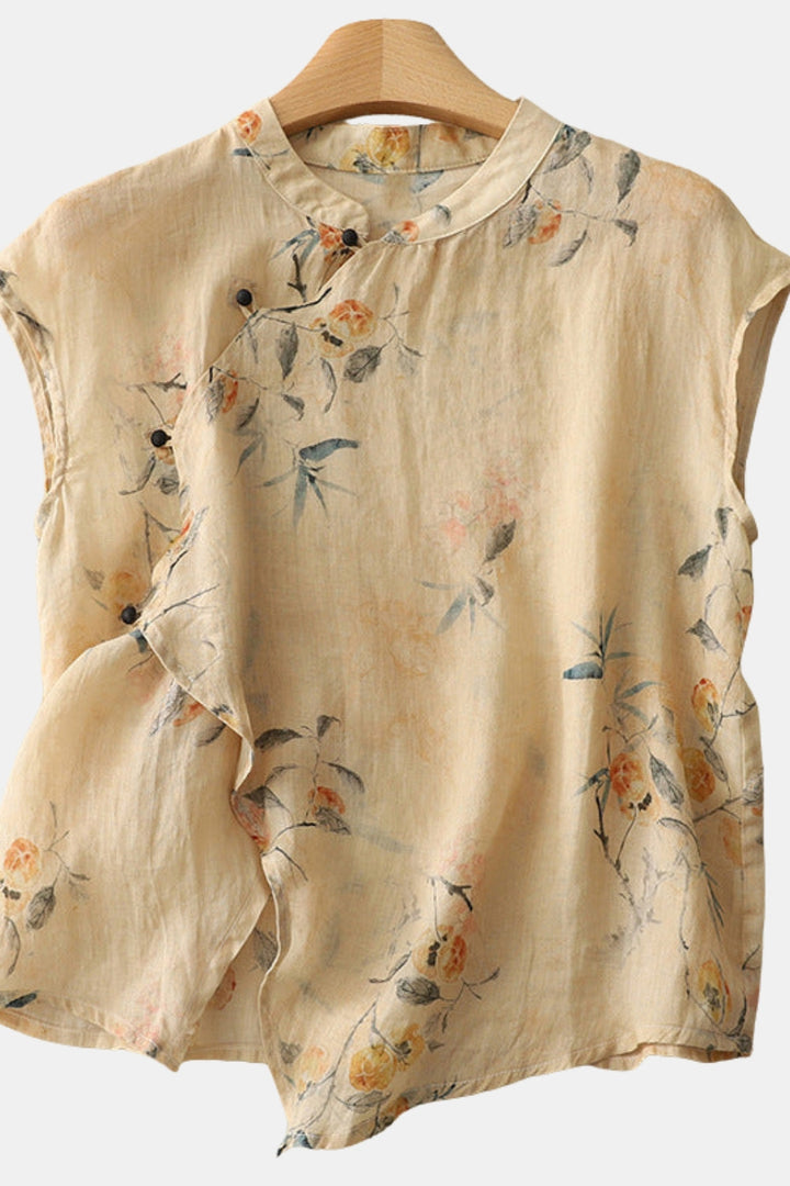 Theodora | Women's Linen Casual Floral Sleeveless Blouse with Mandarin Collar — Beige
