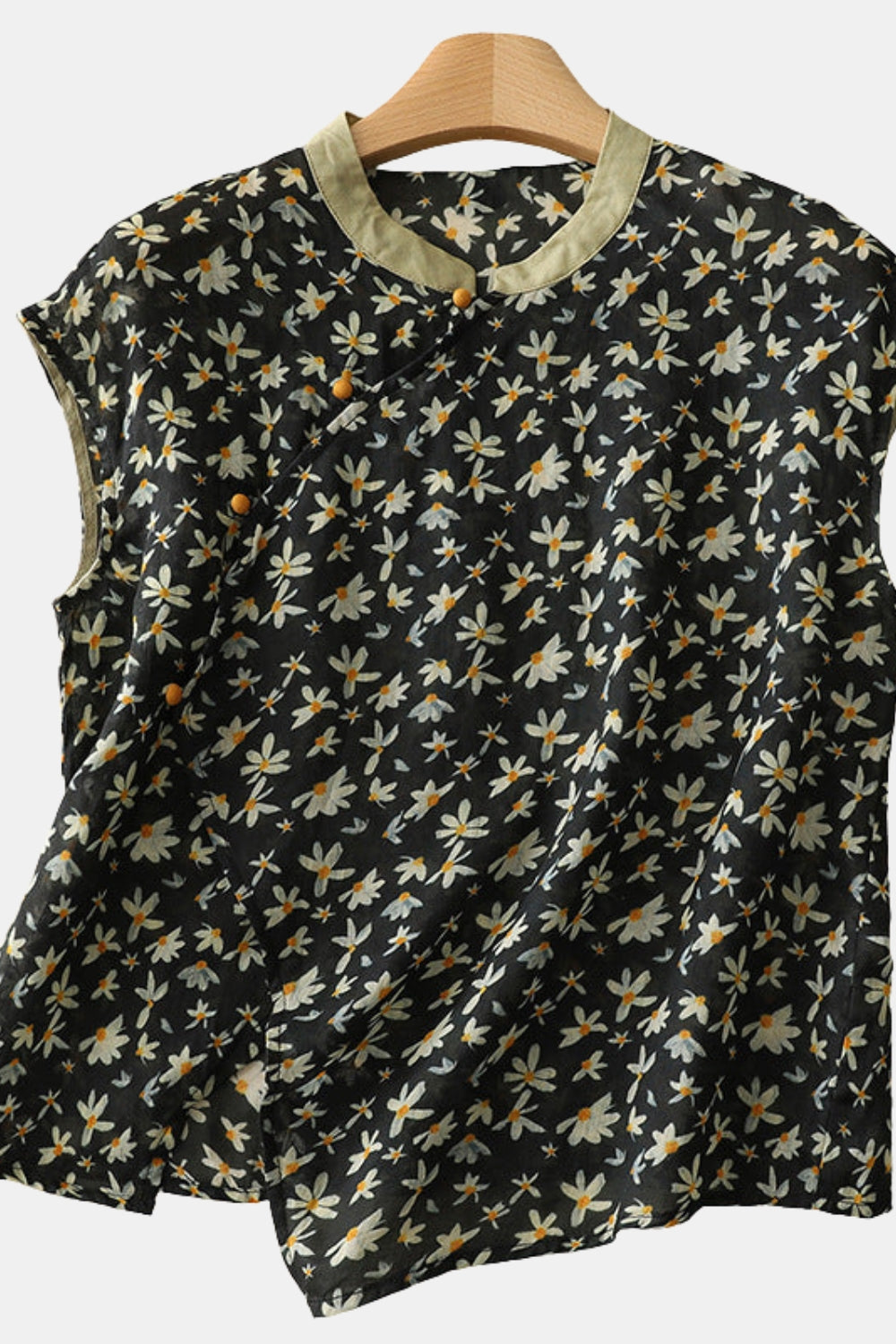 Theodora | Women's Linen Casual Floral Sleeveless Blouse with Mandarin Collar — Black