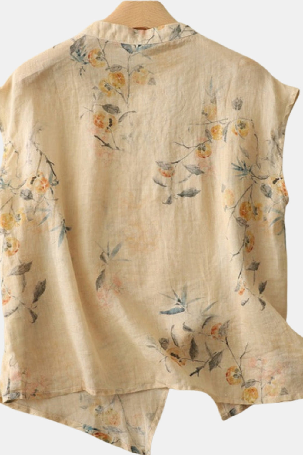 Theodora | Women's Linen Casual Floral Sleeveless Blouse with Mandarin Collar — 2