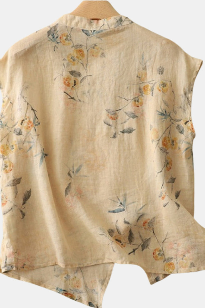 Theodora | Women's Linen Casual Floral Sleeveless Blouse with Mandarin Collar — 2