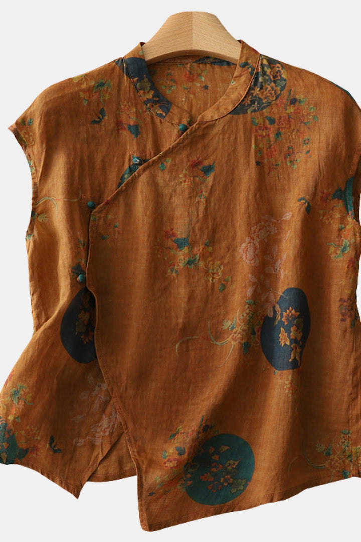 Theodora | Women's Linen Casual Floral Sleeveless Blouse with Mandarin Collar — Brown