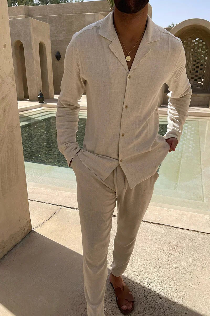 Theodore | Men's Wide-Leg Linen Casual Long Sleeve Trousers Set Pants — Beige