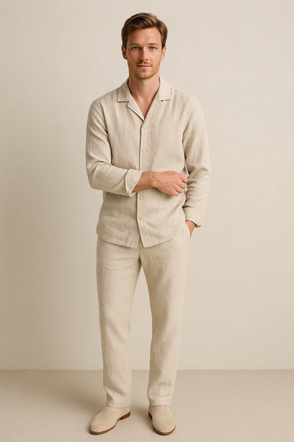 Theodore | Men's Wide-Leg Linen Casual Long Sleeve Trousers Set Pants — 1