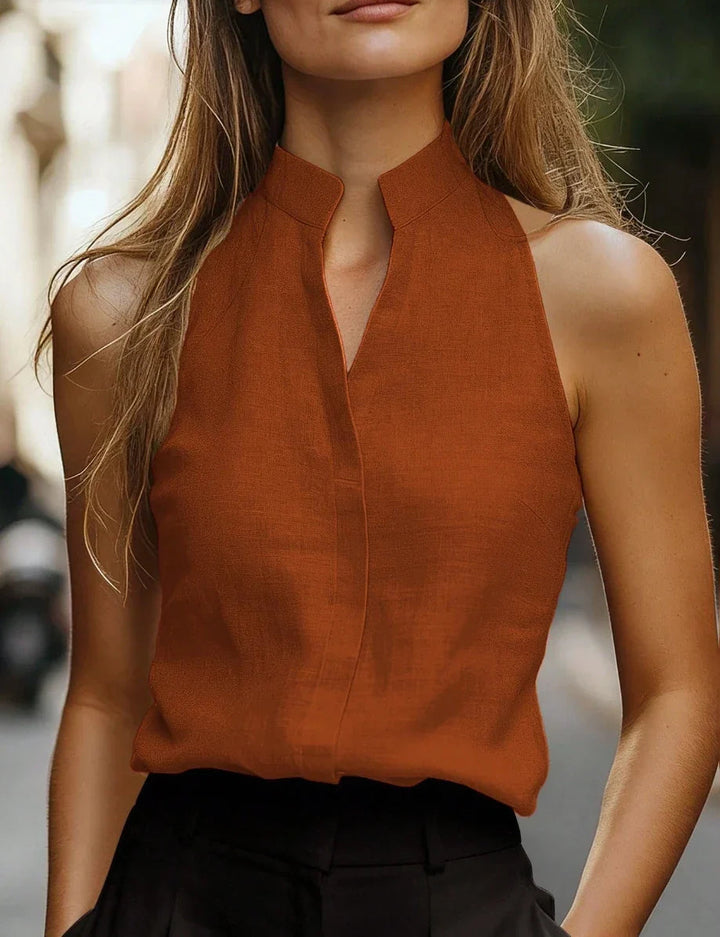Tindradessa | Women's Casual Sleeveless Linen Blend Blouse with Mock Neckline — Orange