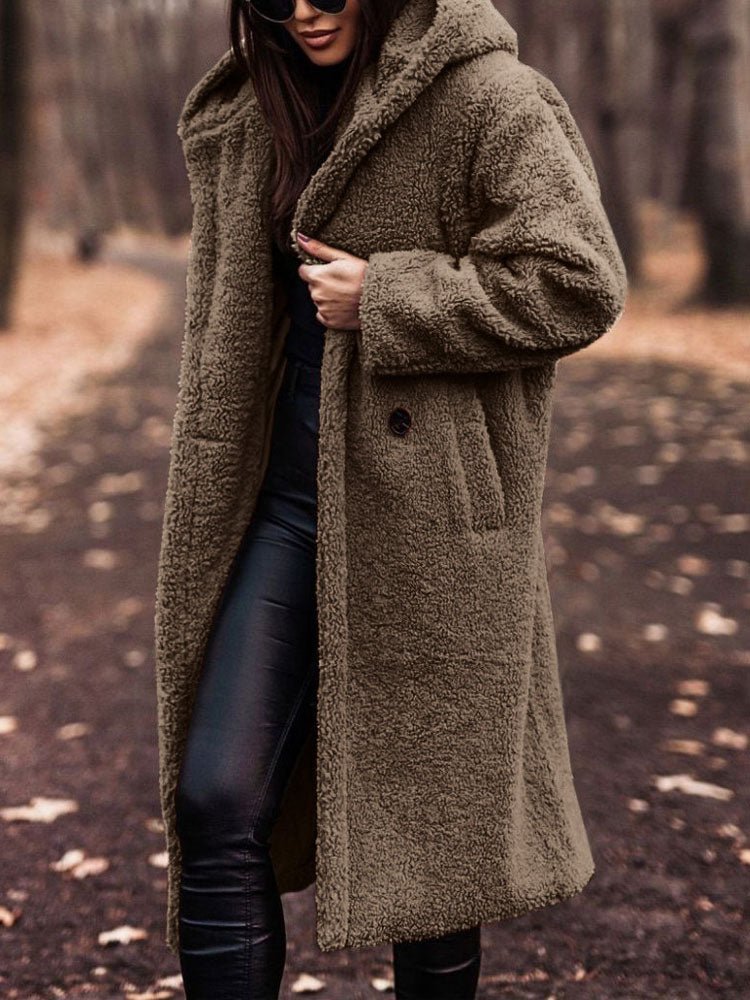 Tindrasia | Women's Casual Stretch Teddy Overcoat with a Notch Collar and Deep Pockets — Apricot
