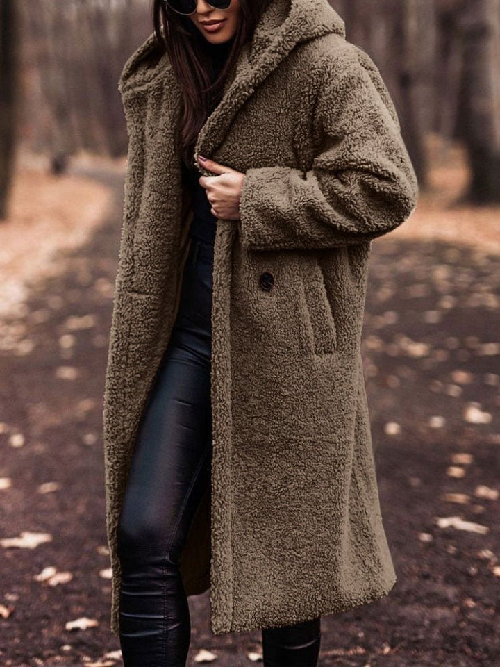 Tindrasia | Women's Casual Stretch Teddy Overcoat with a Notch Collar and Deep Pockets — Apricot