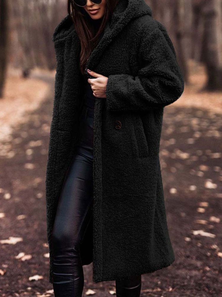 Tindrasia | Women's Casual Stretch Teddy Overcoat with a Notch Collar and Deep Pockets — Black