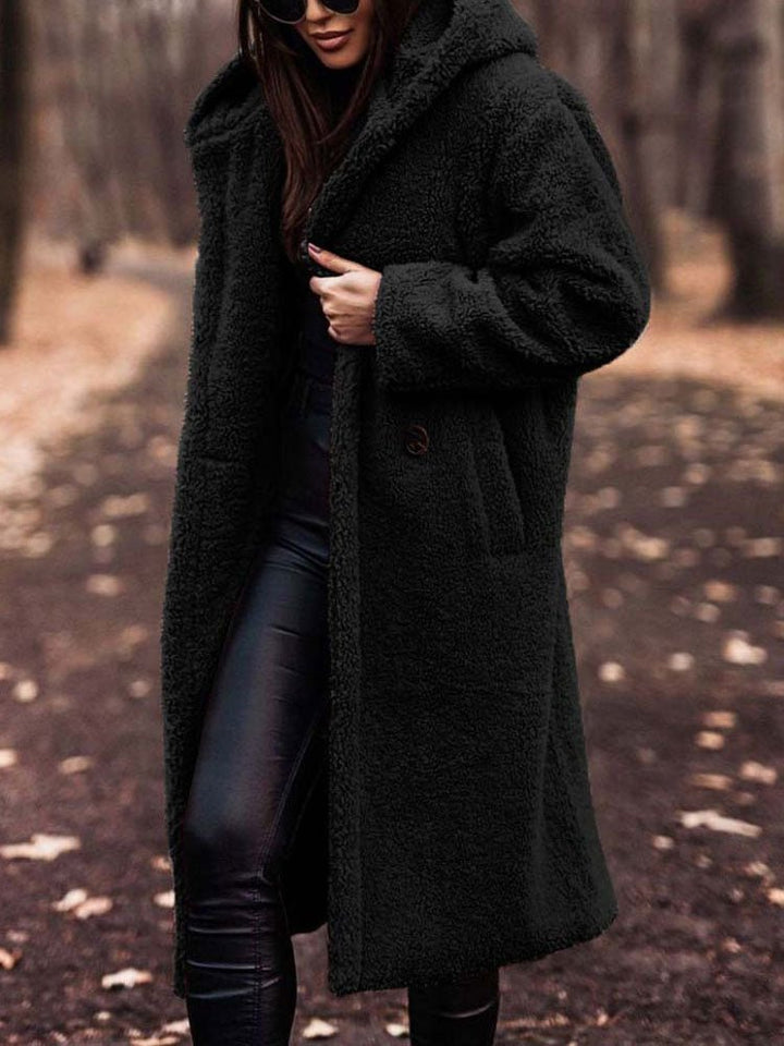 Tindrasia | Women's Casual Stretch Teddy Overcoat with a Notch Collar and Deep Pockets — Black