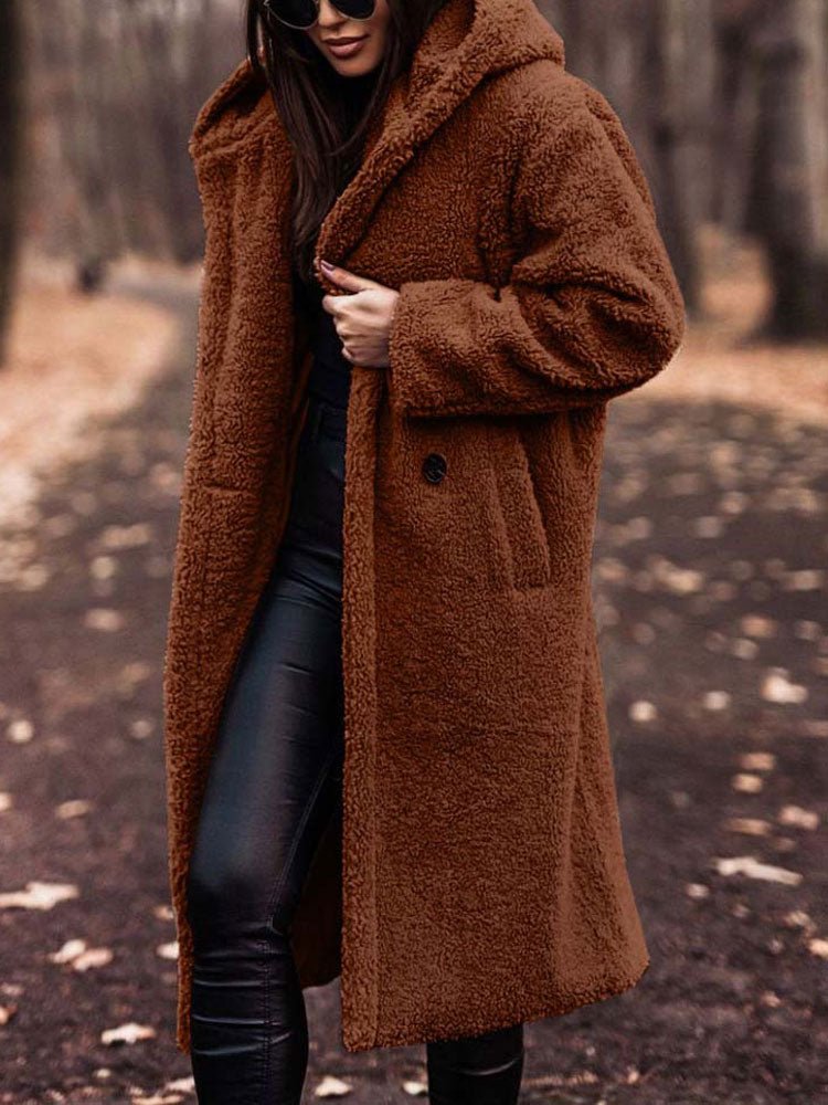 Tindrasia | Women's Casual Stretch Teddy Overcoat with a Notch Collar and Deep Pockets — Brown