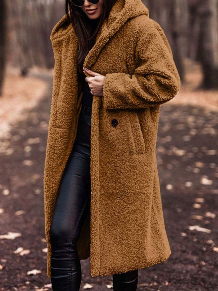 Tindrasia | Women's Casual Stretch Teddy Overcoat with a Notch Collar and Deep Pockets — Gold