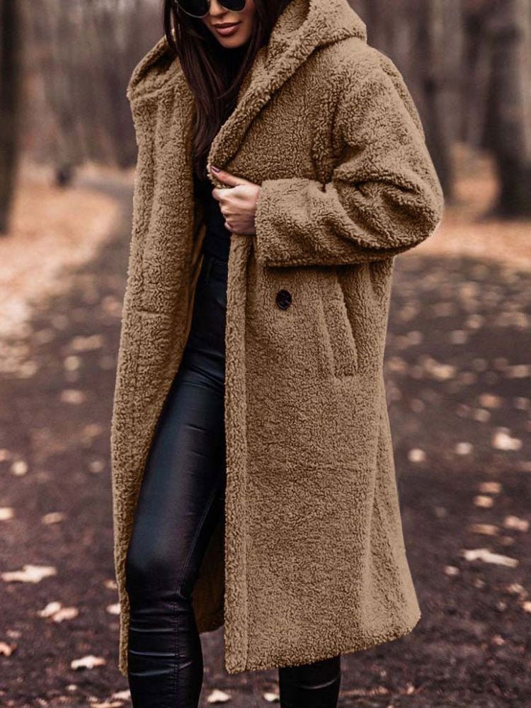Tindrasia | Women's Casual Stretch Teddy Overcoat with a Notch Collar and Deep Pockets — Khaki