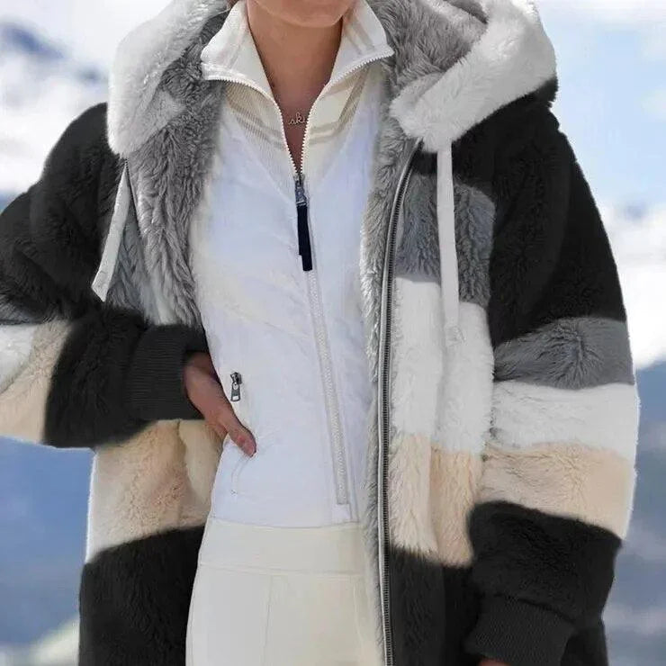 Tovalise | Women's Hooded Patchwork Faux Fur Zip-Up Jacket