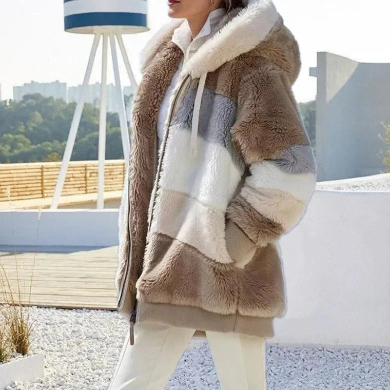Tovalise | Women's Hooded Patchwork Faux Fur Zip-Up Jacket