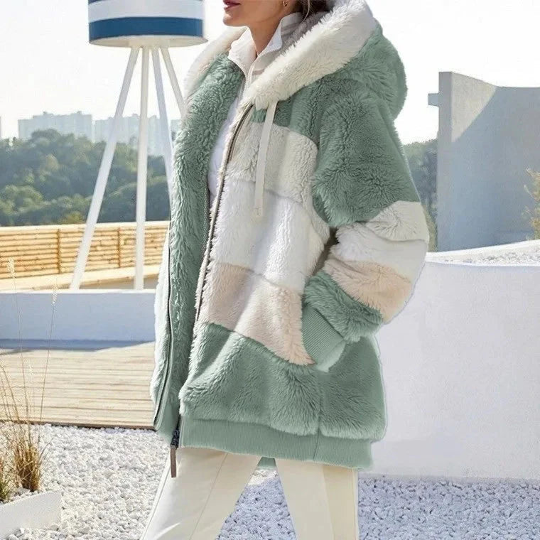 Tovalise | Women's Hooded Patchwork Faux Fur Zip-Up Jacket