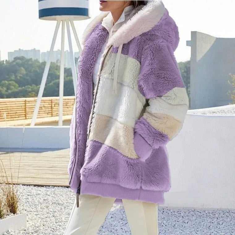 Tovalise | Women's Hooded Patchwork Faux Fur Zip-Up Jacket