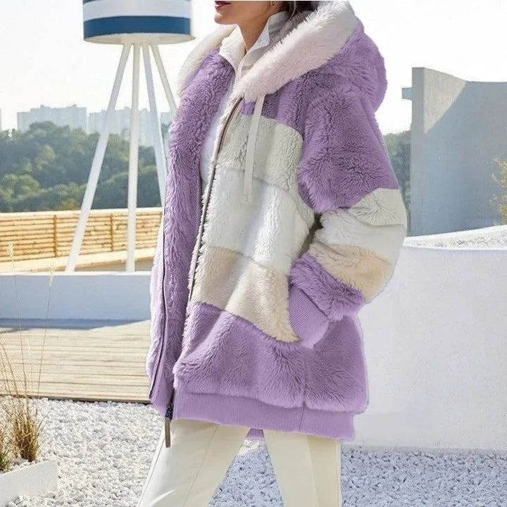 Tovalise | Women's Hooded Patchwork Faux Fur Zip-Up Jacket