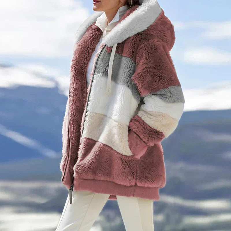 Tovalise | Women's Hooded Patchwork Faux Fur Zip-Up Jacket