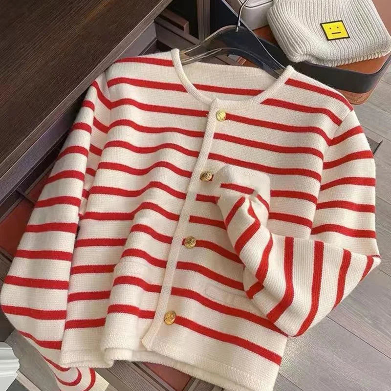 Tovamora | Women's Knit Cozy Classic Striped Button-Front Cardigan Sweaters — Red