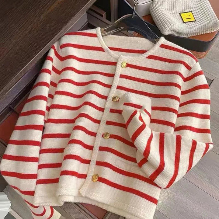 Tovamora | Women's Knit Cozy Classic Striped Button-Front Cardigan Sweaters — Red