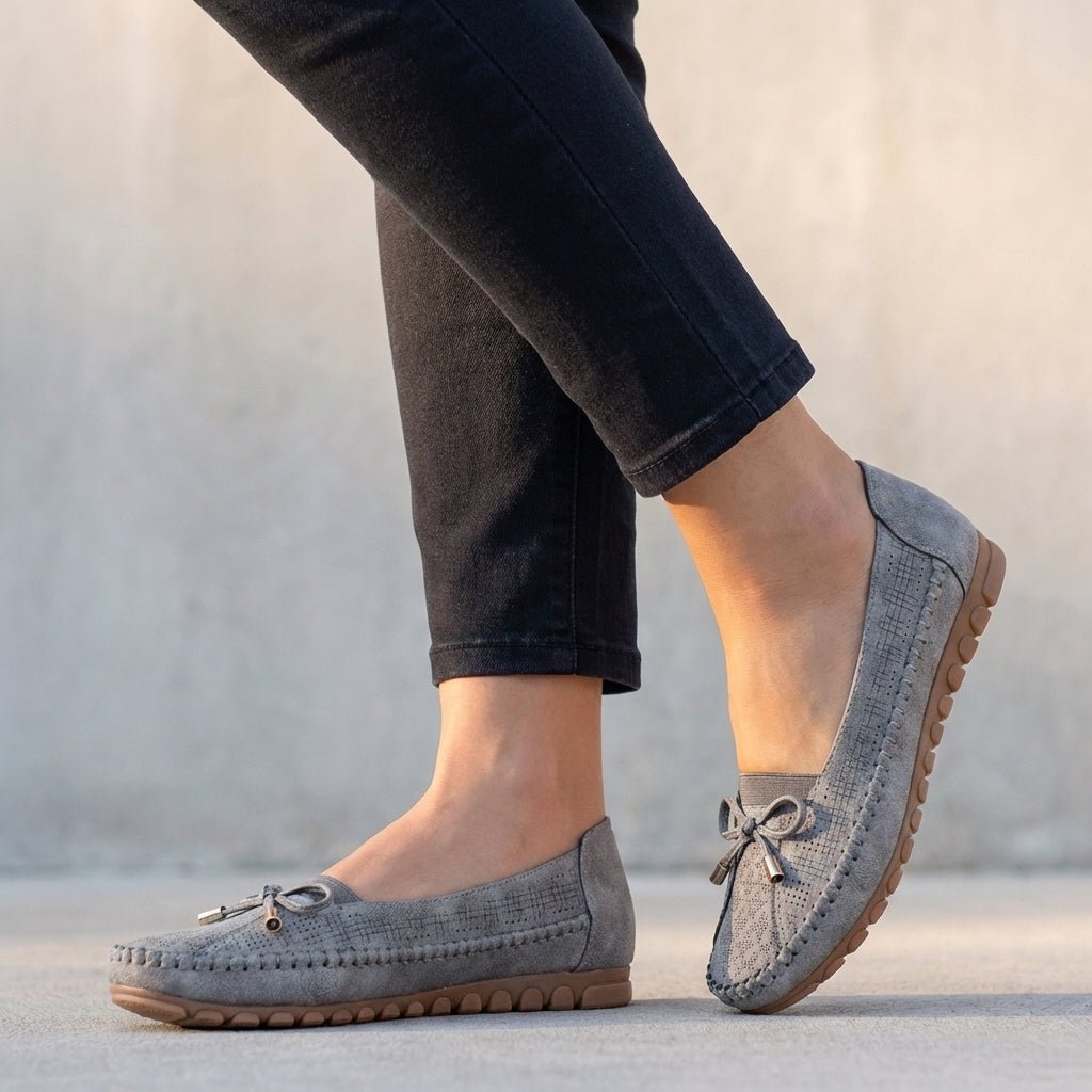 Tovareth | Women's Orthopedic Comfort Orthopedic Loafers Slip-On Perforated Bow Comfort — Gray