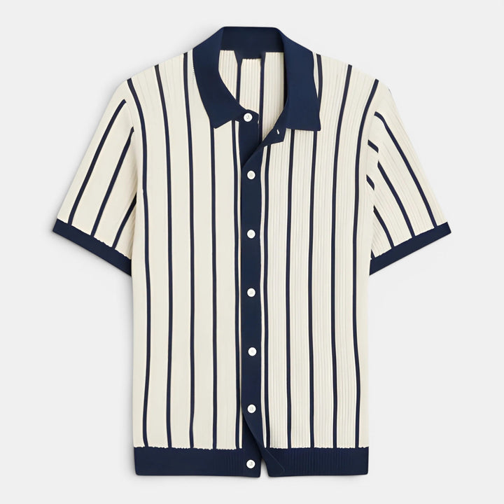 A striped knit polo featuring a clean background