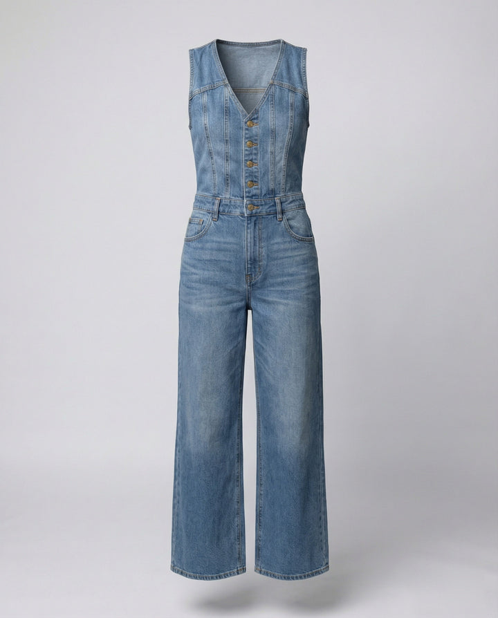 A relaxed denim one-piece outfit with a flowing silhouette on a plain background.