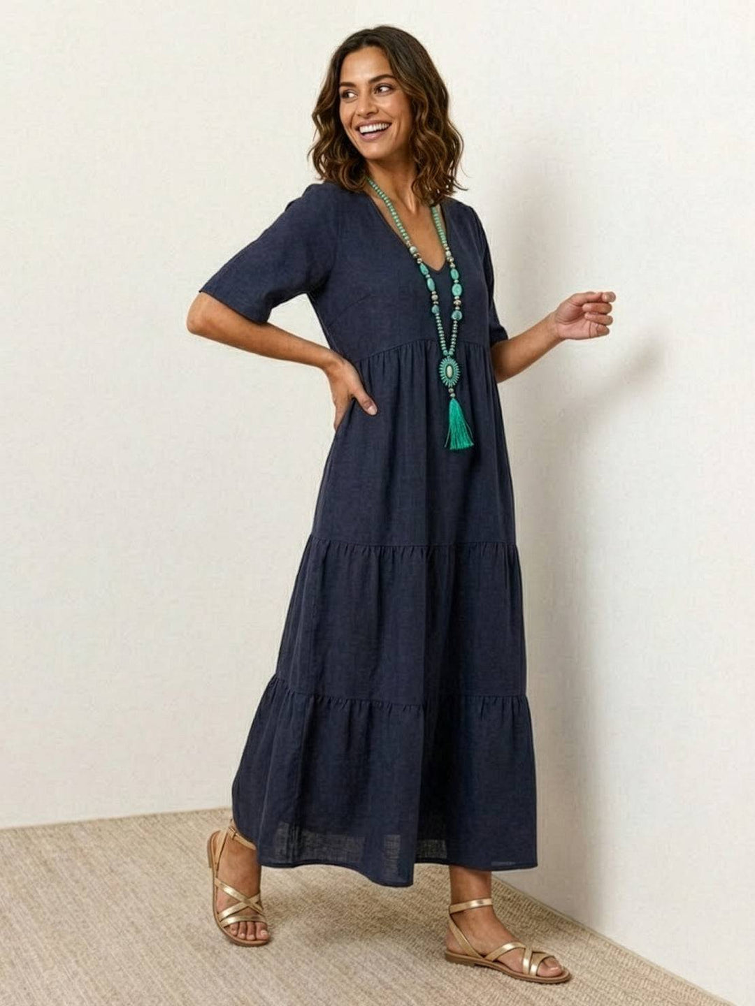 Woman in a casual bohemian-inspired maxi dress