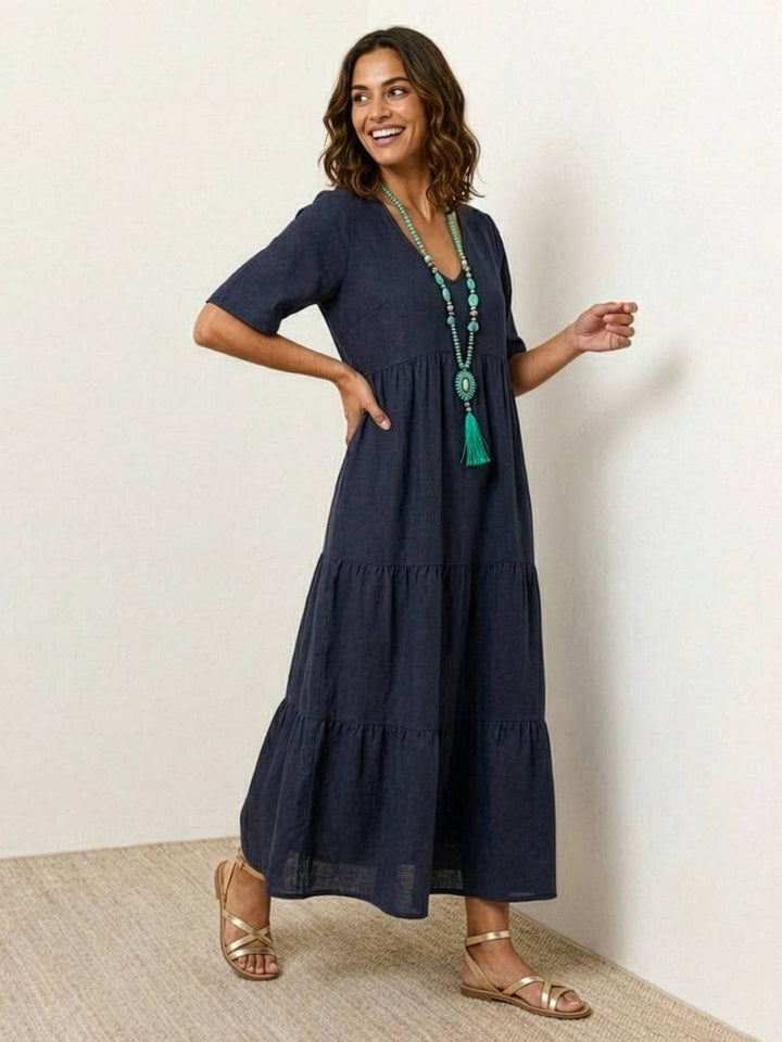Woman in a casual bohemian-inspired maxi dress