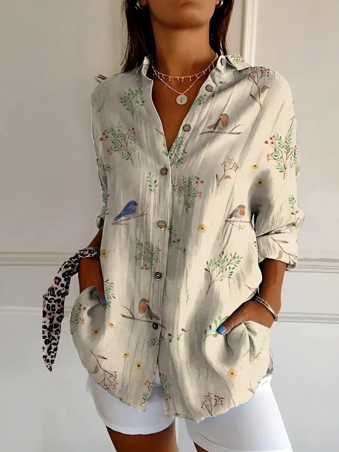 Woman model relaxed stance elegant blouse front angle background