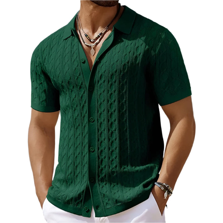 Male model wearing a textured polo shirt with button-front styling against a plain background.