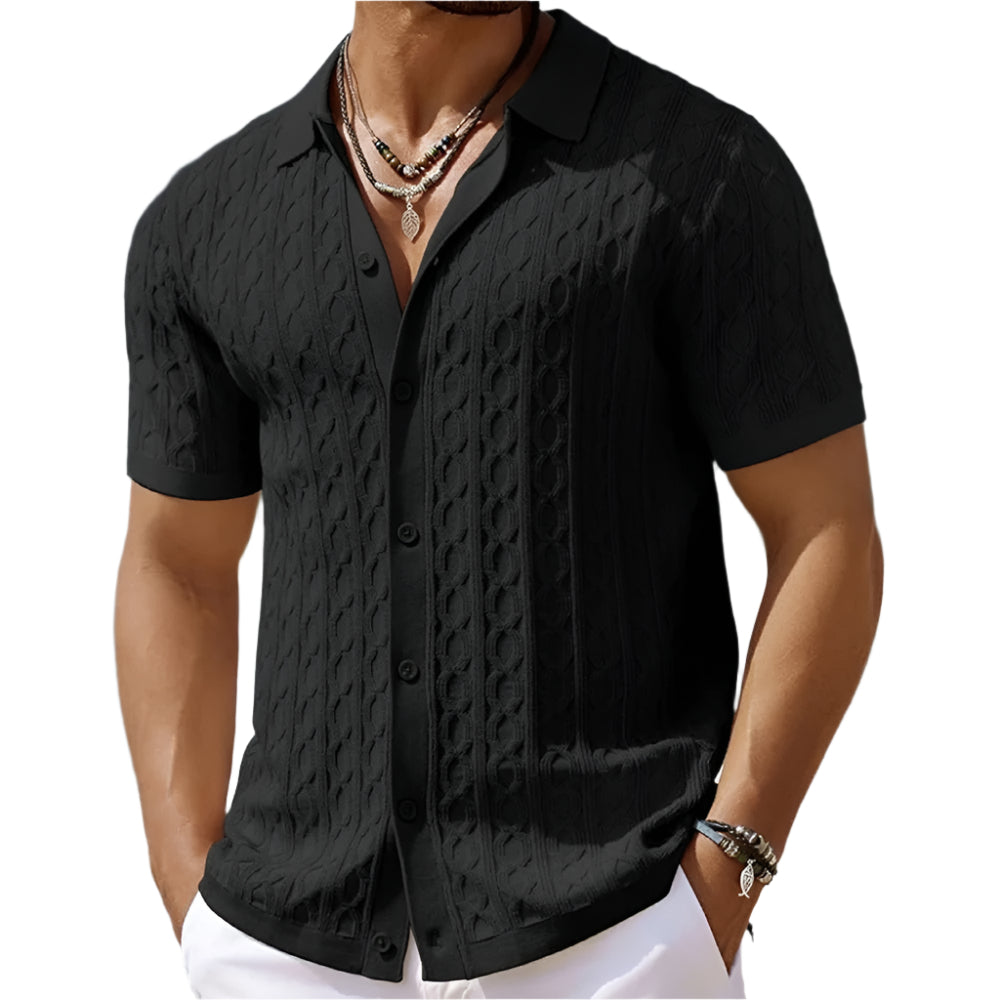  Male model showcasing a short-sleeve textured polo shirt on a plain background.