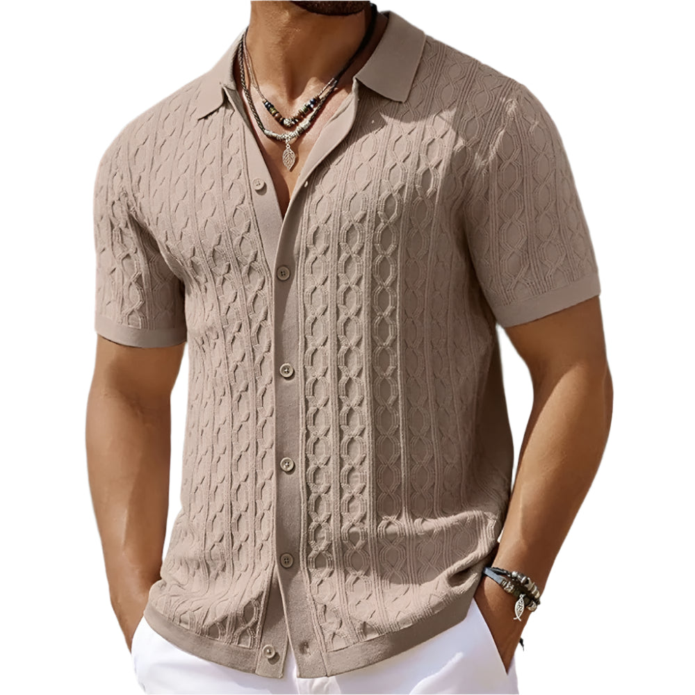  Male model in a collared textured shirt with front buttons against a plain background.