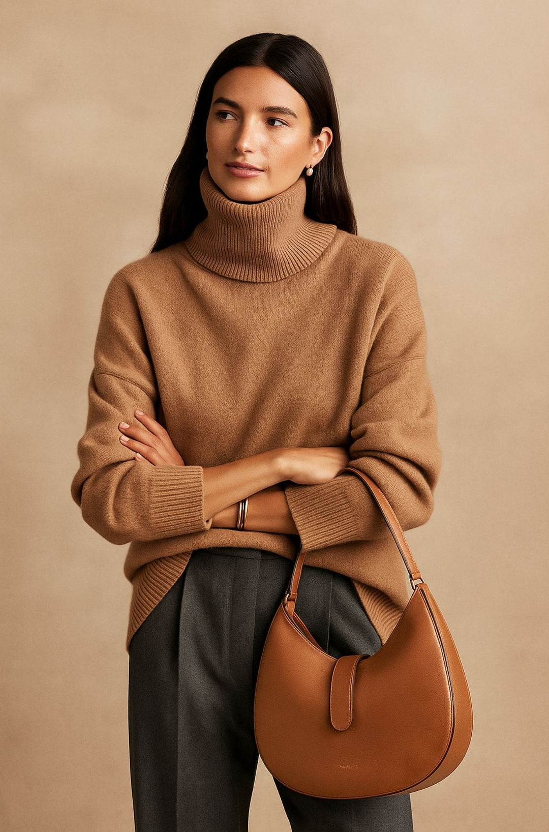Veletta | Women's Knit Cozy High Turtleneck Collar Sweaters — Khaki