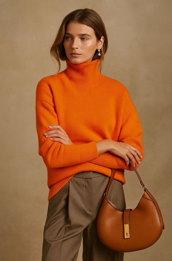 Veletta | Women's Knit Cozy High Turtleneck Collar Sweaters — Orange