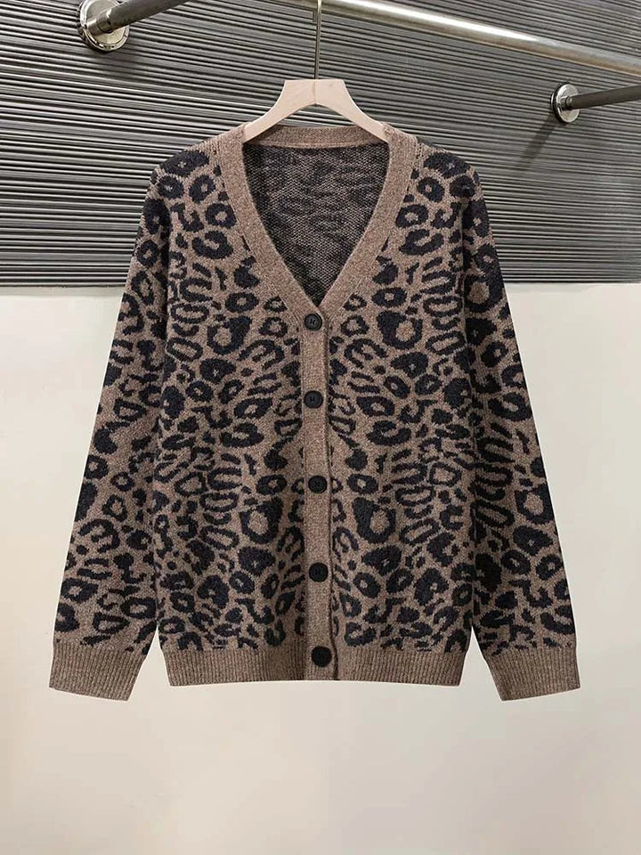Velina | Women's Knit Cozy Cardigan Sweater V-Neck Leopard Print Button Up Long Sleeve — 1