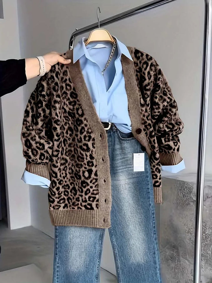 Velina | Women's Knit Cozy Cardigan Sweater V-Neck Leopard Print Button Up Long Sleeve — 2