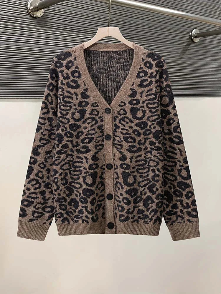 Velina | Women's Knit Cozy Cardigan Sweater V-Neck Leopard Print Button Up Long Sleeve — Khaki