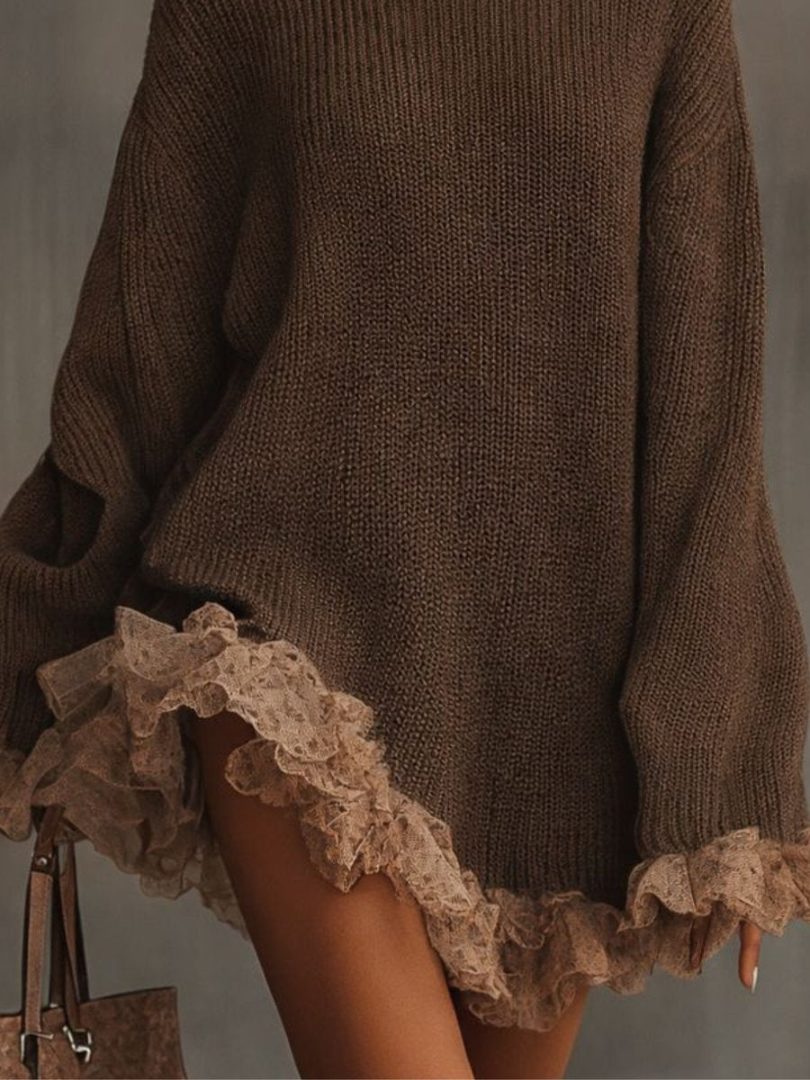 Velita | Women's Elegant Turtleneck Knit Lace-Hem Formal Dresses Oversized Mini — 2