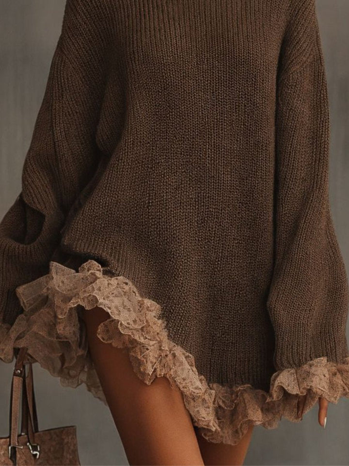 Velita | Women's Elegant Turtleneck Knit Lace-Hem Formal Dresses Oversized Mini — 2