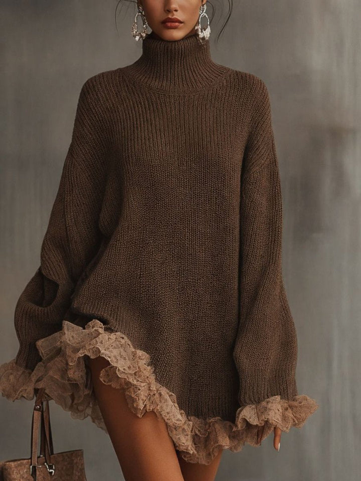 Velita | Women's Elegant Turtleneck Knit Lace-Hem Formal Dresses Oversized Mini — Brown