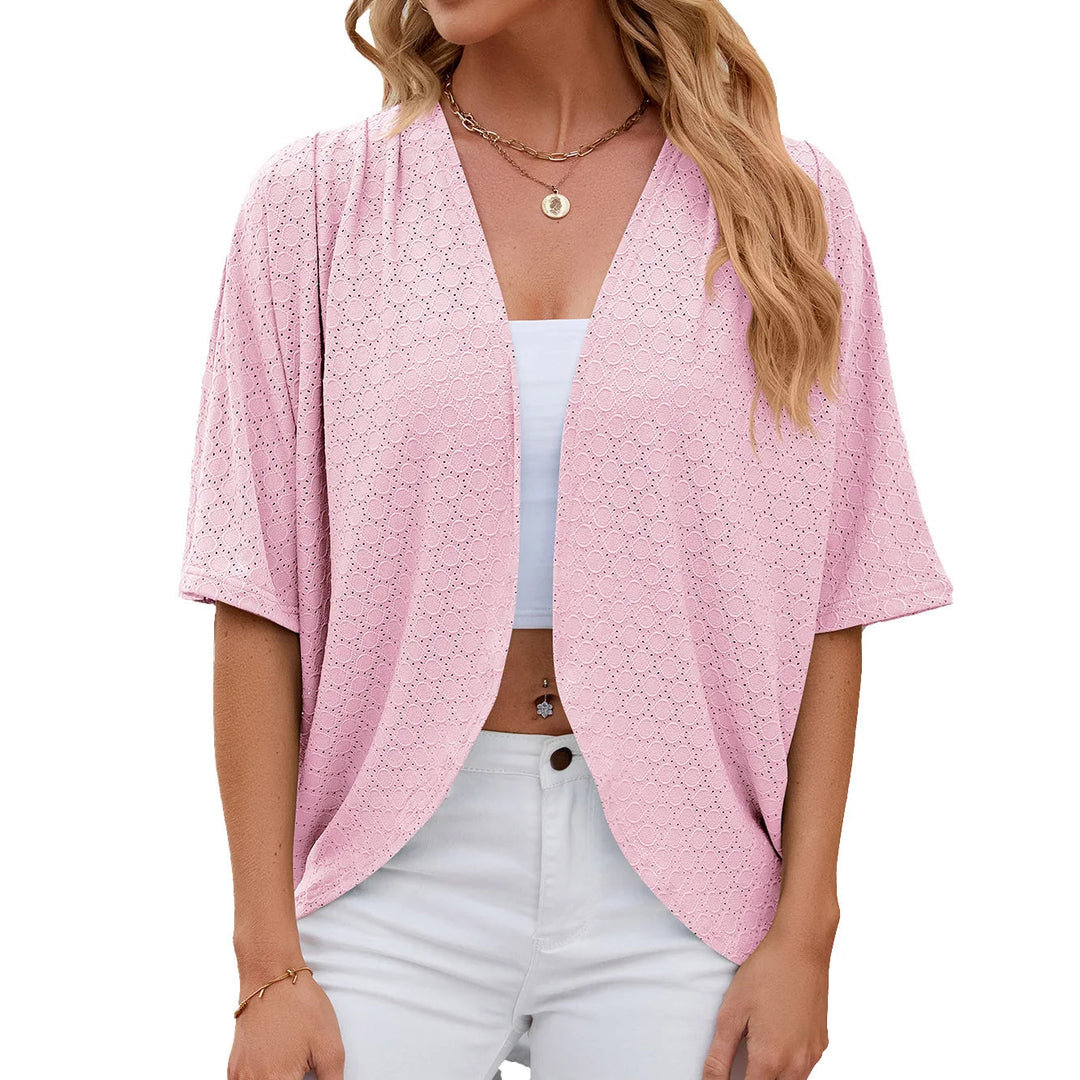 Veraanthe | Women's Knit Cozy Cardigan Sweater Mid Sleeve Hollow Out Boho Loose — Pink