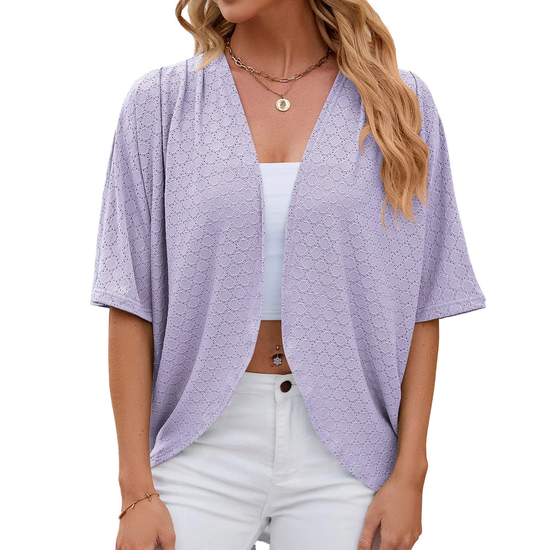 Veraanthe | Women's Knit Cozy Cardigan Sweater Mid Sleeve Hollow Out Boho Loose — Purple