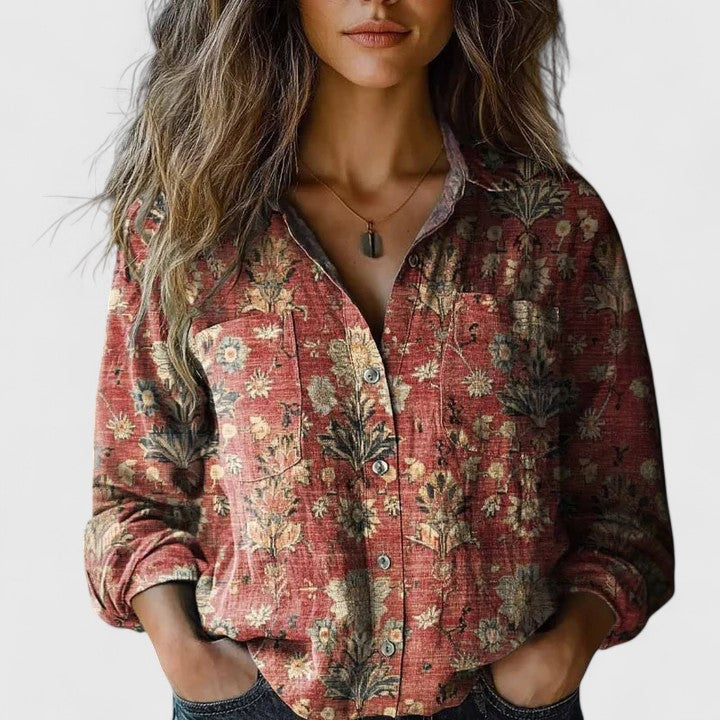Veraetta | Women's Linen Casual Boho Print Long Sleeve Button-Up Blouse — 1