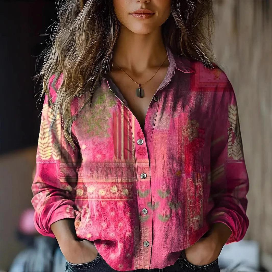 Veraetta | Women's Linen Casual Boho Print Long Sleeve Button-Up Blouse — 2
