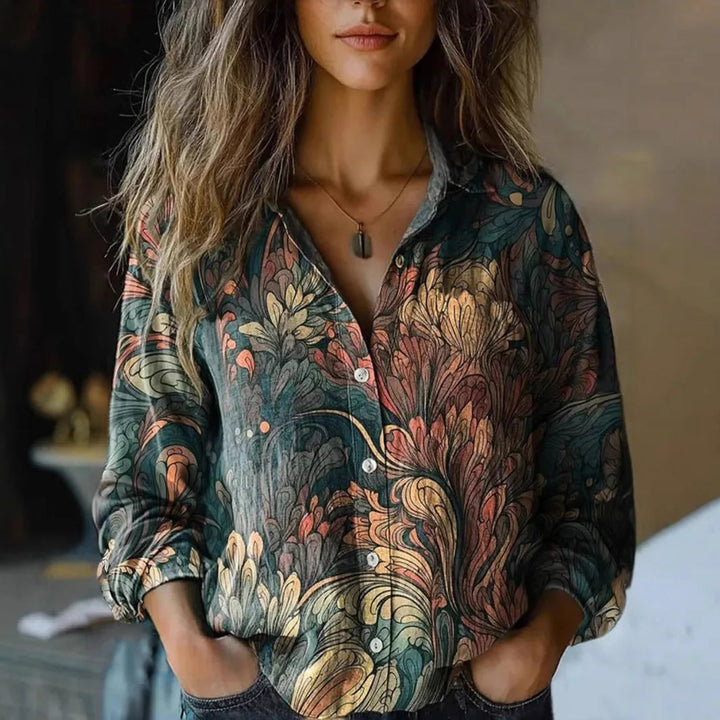 Veraetta | Women's Linen Casual Boho Print Long Sleeve Button-Up Blouse — Dark Green